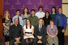 Pictured with The University of Scranton President Rev. Scott R. Pilarz, S.J., (seated, far left) are the Jesuit university’s 11 incoming students awarded full-tuition Presidential Scholarships, seated, from left: Mary Armstrong, Craig Fisher, and Theresa Iannuzzi. Standing, from left, are: Deanna Lindberg, Louis Porreca, Emily Johnson, Joseph Butacci, Matthew Tibbitts, Michelle D’Souza, Lauren Prinzing and Christian Burne.